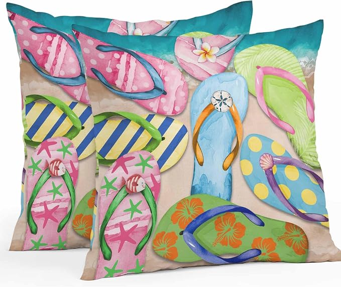 Vandarllin Outdoor Throw Pillows Covers 24x24 inch Set of 2 Waterproof Flip-Flops Decorative Zippered Cushion Covers for Patio Furniture, Summer Sandy Beach Lumbar Pillowcases