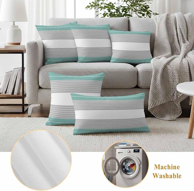Turquoise Grey Stripe Outdoor Pillow Covers Set of 2 Gradient Line Waterproof Throw Pillow Cover Decorative Cushion Cases for Patio Porch Garden 20X20 Inch