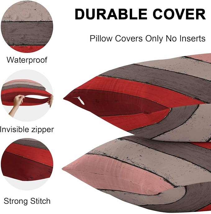 Outdoor Throw Pillow Covers 20X20 Set of 2 Waterproof Ombre Christmas Red Brown Decorative Zippered Cushion Covers for Patio Furniture, Farmhouse Retro Rustic Barn Wood Texture Lumbar Pillowcases
