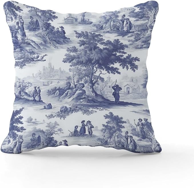 Pillowcase Navy White Blue Decorative Toile Print Cushion Cases Rustic French Charmed Life Toile Pillow Cover Accent Modern Decorative Pillow Covers for Patio Deck Chair 26x26 in