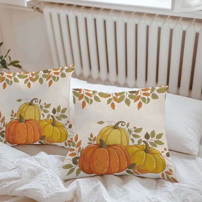 Orange Pumpkins Outdoor Waterproof Pillow Covers, Fall Yellow Leaves Vintage Beige Rustic Decorative Square Throw Pillowcase Sofa Cushion Sham for Patio/Couch/Chair, 20"x20" 2 Pack