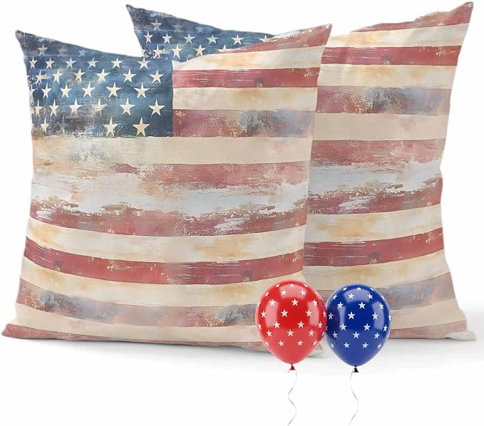 Retro American Flag Outdoor Pillow Covers 26"x26" Set of 2, Independence Day Waterproof Throw Pillow Covers for Patio Furniture, Decorative Cushion Covers for Porch