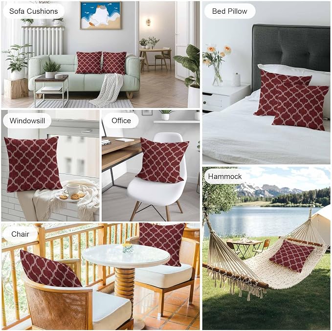 Deep Red Morocco Outdoor Pillow Covers 18x18 Inch Throw Pillow Covers Set of 2 Waterproof Decorative Pillow Cases Retro Farmhouse Quatrefoil Plaid Cushion Covers for Patio Furniture Garden Couch Sofa