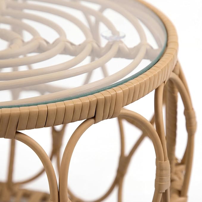 Furniture of America Ysar Boho Rattan Round Coffee Table Outdoor with 5mm Tempered Glass Top, All-Weather and Rust Resistant Patio Furniture