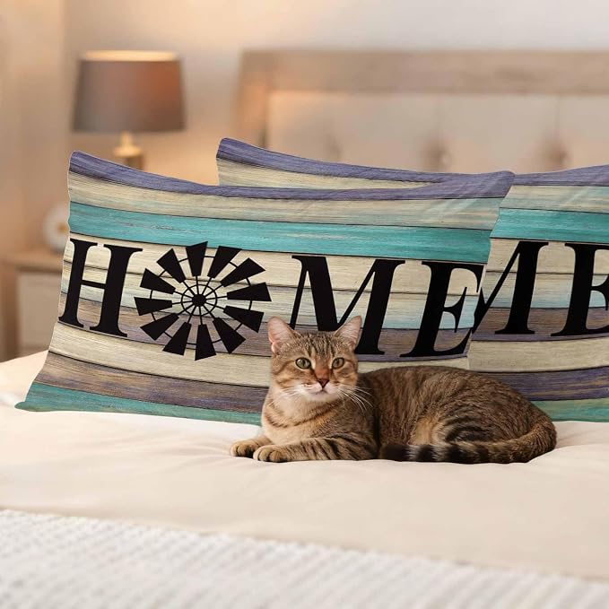 Outdoor Pillow Covers Set of 2, Farm Home Windmill Decorative Throw Pillow Covers 20X12IN, Farmhouse Vintage Wood Board Throw Pillows Protector Cushion Case for Patio,Couch,Sofa,Garden
