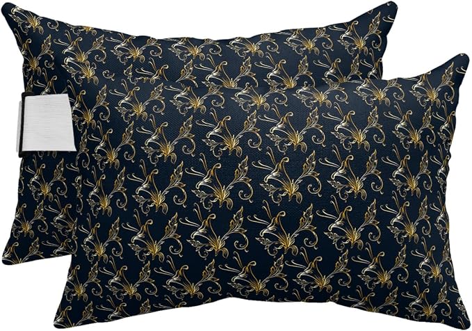 Outdoor Pillows Covers with Inserts Gold Gradient Floral Leaves Black Waterproof Recliner Pillow with Adjustable Strap Throw Pillows for Patio Furniture Pool Lounge Chair, 11x16 inch, 2PCS