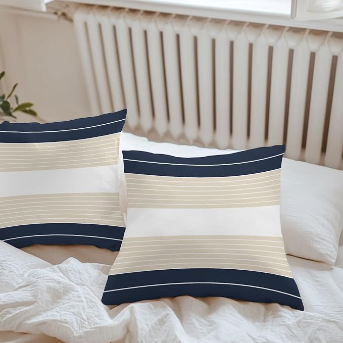 Navy Blue Beige Stripe Outdoor Pillow Covers Waterproof, All Weather Cushion Case Set of 2, Modern Art Horizontal Striped Decorative Pillowcases for Sofa Couch Bed Decor Patio Furniture 18"x18"