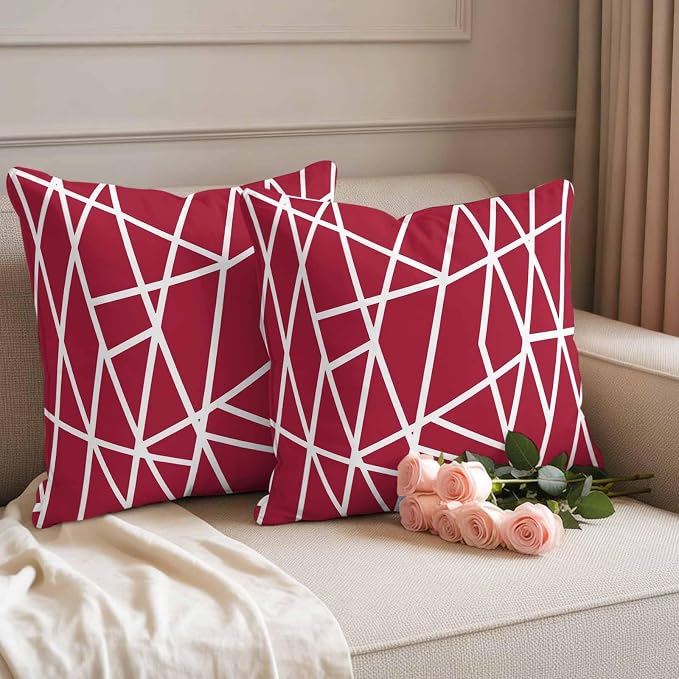 Outdoor Pillow Covers Waterproof, Red Geometric Decorative Square Throw Pillowcases Patio Cushion Covers for Tent/Garden, 18" x 18" 2 Pack, Abstract Stripes Modern Minimalist