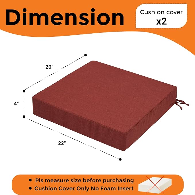 Magpie Fabrics Indoor Outdoor Cushion Cover Replacement 2 Pack, NO Insert! Water Repellent Slipcover with Ties Decor for Patio Garden Chair Sofa Bench Wicker(Dark Red, 22x20x4 Inch)