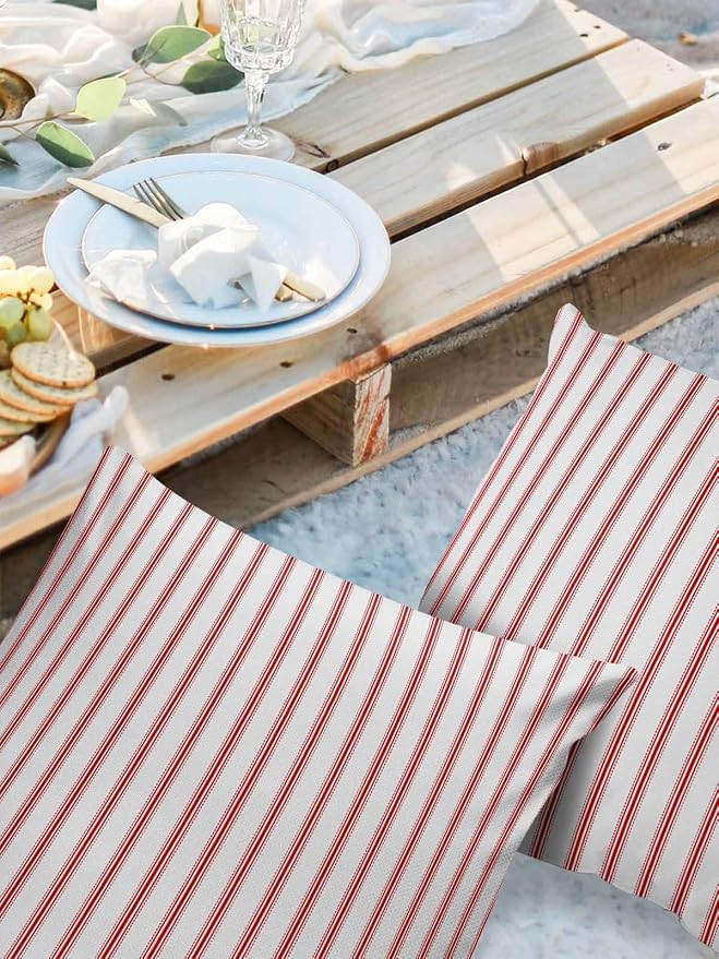 Outdoor Waterproof Throw Pillow Covers Set of 2 Red Stripes Pillowcases 18x18 Inches Red Beige Vertical Striped Patio Decorative Pillows Cushion Case Patio Pillows for Couch Bed Chair Garden