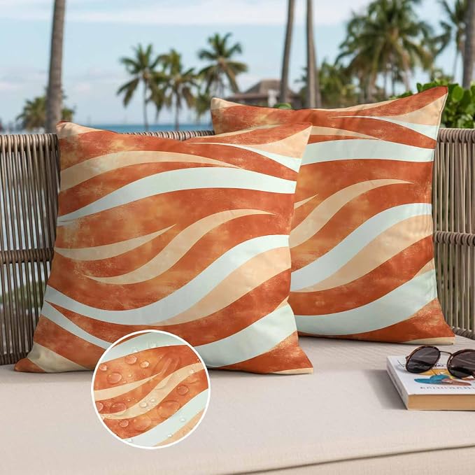 Burnt Orange Waves Waterproof Outdoor Pillow Covers Set of 2 Home Decor, Ombre Sea Ripples Shabby Beach Pillowcase Patio Pillow Covers for Couch Bench Furniture Garden 26x26in