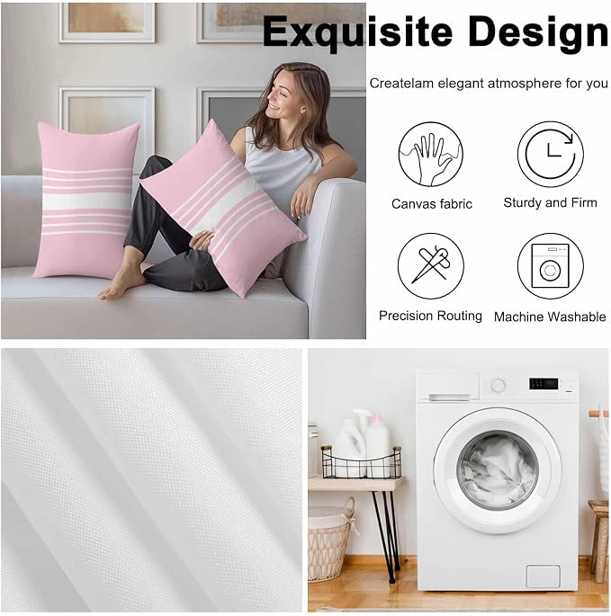 Pink White Stripe Outdoor Pillow Covers 20x12 Inch Lumbar Pillow Covers Set of 2 Waterproof Decorative Throw Pillow Cases Modern Rustic Vertical Striped Cushion Covers for Patio Furniture Garden Couch