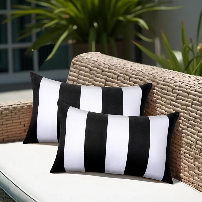 12x20 Waterproof Outdoor Pillows, Set of 2 Outdoor Lumbar Pillows | Patio Furniture Pillows, Decorative Throw Pillows, Waterproof & Fade Resistant, Removable & Washable, Black and White