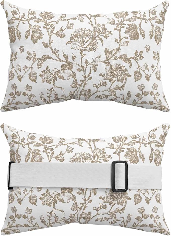 Pack of 2 Outdoor Lumbar Pillow Covers 12x20 Inch, Khaki Flower Waterproof Throw Pillow Covers Set, Vintage Farmhouse Boho Leaf Spring Plant Indoor&Outdoor Cushion Cases for Patio Porch Beach
