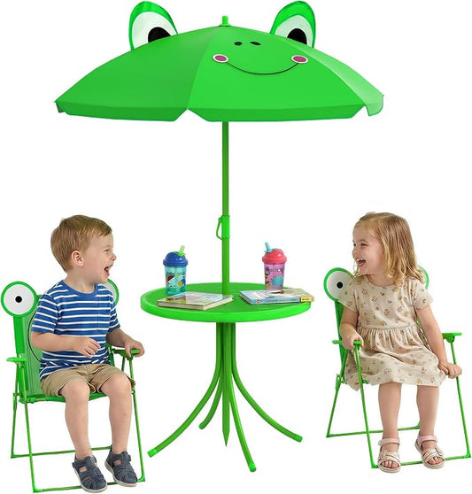 Outsunny Folding Kids Table and Chair Set, Picnic Table with Frog Pattern Removable & Height Adjustable Sun Umbrella for Garden, Backyard, Green