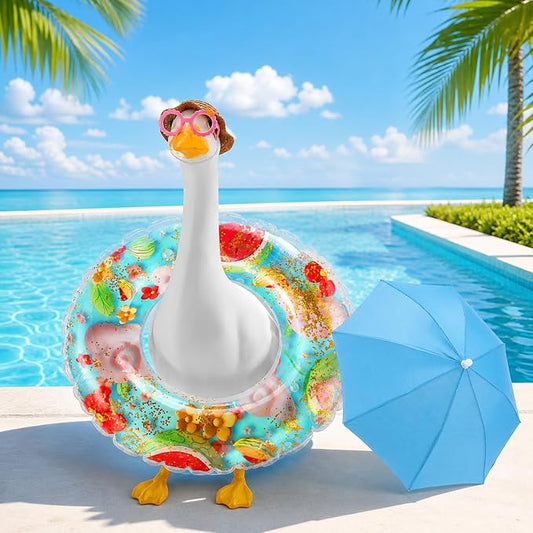Outus Funny Summer Porch Goose Outfits Set Includes Color Swimming Ring and Umbrella Goose Porch Clothing for Outdoor Swimming Pool Garden Yard Patio Lawn Statue