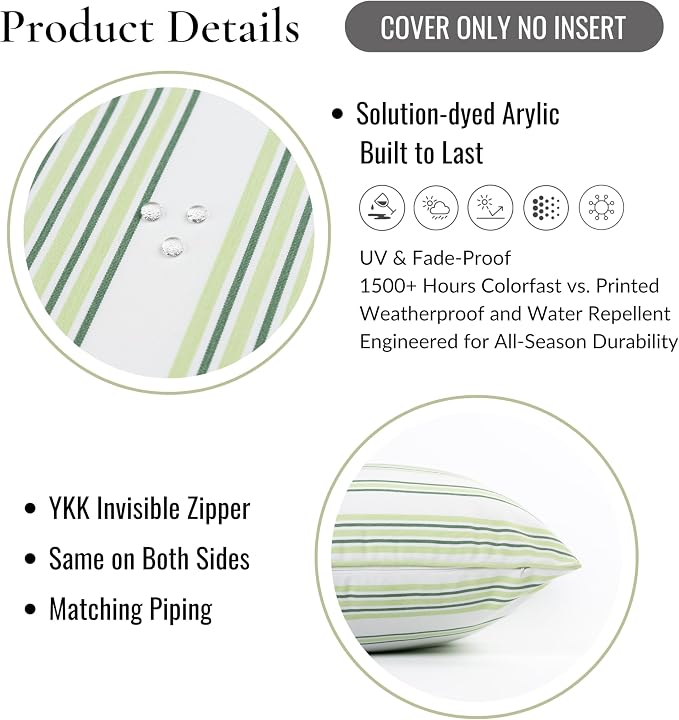 Hofdeco Premium Coastal Hampton Outdoor Performance Throw Pillow Cover Only, 20"x20" Water Repellent, UV and Fade Resistant for Backyard, Couch, Poolside, Grass Green Woven Bayside Stripes
