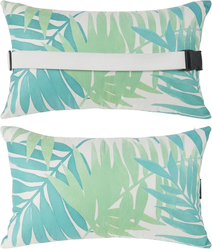 Outdoor Pillow for Chaise Lounge Chair, 2pcs Chaise Lounge Pillows Lumbar Pillows with Insert and Adjustable Elastic Strap for Patio Beach Office Chair, Green Leave