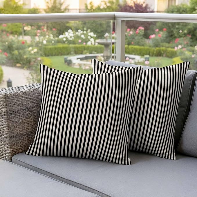 Black Beige Stripe Outdoor Pillow Covers Set of 2 Vintage Abstract Classic Minimalist Vertical Striped Waterproof Throw Pillow Cover Decorative Cushion Cases for Patio Porch Garden 16X16 Inch