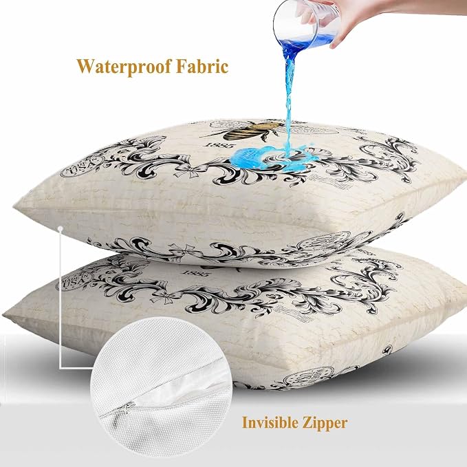 Outdoor Waterproof Throw Pillow Covers Set of 2 Sweet Honey Bees Pillowcases 24x24 Inches Floral Crown Wreath Vintage Decorative Pillows Cushion Case Patio Pillows for Couch Bed Chair Garden