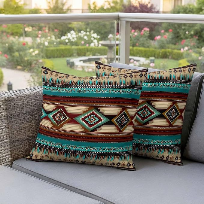 Boho Ethic Outdoor Pillow Covers 26"x26" Set of 2, Western Aztec Tribal Teal Brown Diamond Stripes Waterproof Throw Pillow Covers for Patio Furniture, Decorative Cushion Covers for Porch