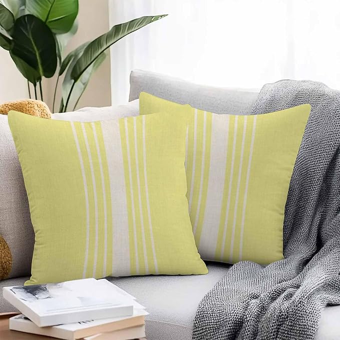 Throw Pillow Covers 20x20 Inch Set of 2, Yellow Beige Striped Waterproof Outdoor Cushion Covers, Modern Farmhouse Retro Lines Decorative Pillowcases for Couch, Sofa, Bed, Garden, Patio