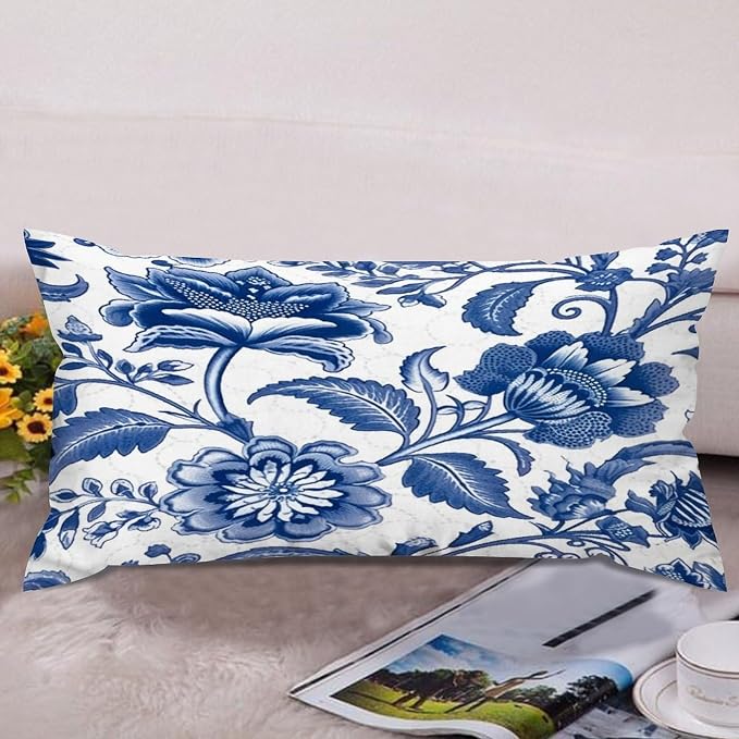 Set of 2 Blue and Ivory Indigo Floral Pillow Covers 12x24in Farmhouse Canvas Cushion Covers Outdoor for Couch Chair Home Decor for Family Friends