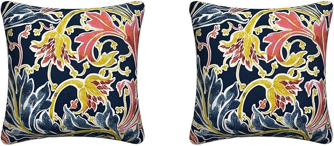 Pack of 2 Outdoor Waterproof Decorative Throw Pillow Covers for Patio Furniture, 18x18 Inch Square Fade Resistant Patio Garden Cushion Covers for Couch Bed Sofa, Jacobean Navy