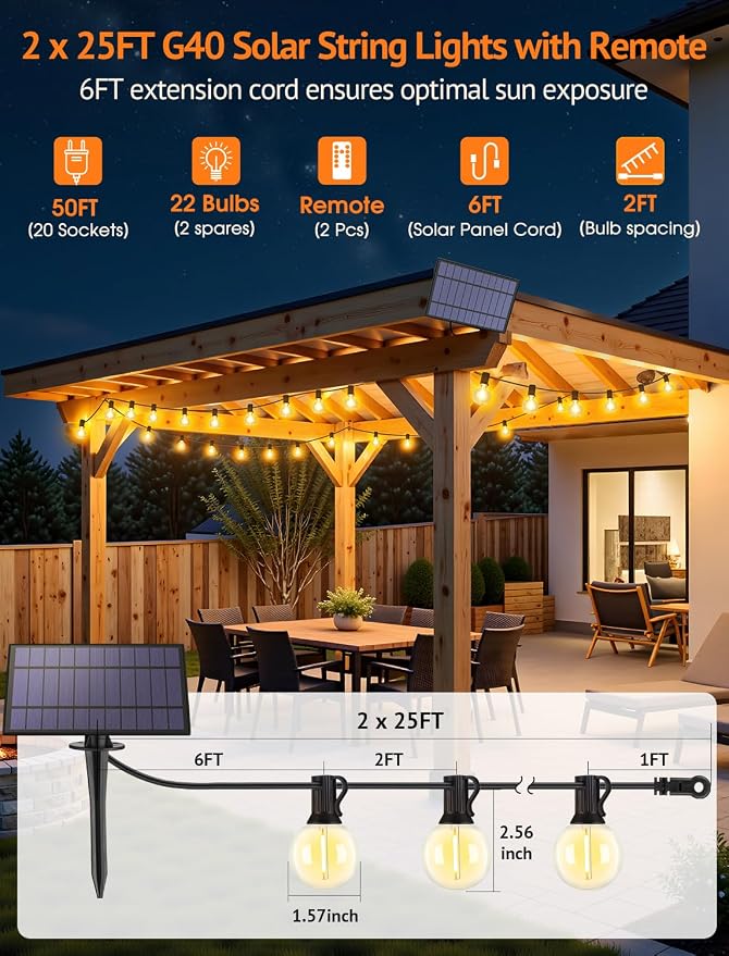 50FT(2x25FT) Solar String Lights with Remote, 20+2 G40 Bulbs, Black | Solar Powered, Dusk to Dawn, Dimmable, Timer, Memory Function, LED Globe Hanging Lights for Backyard Fence Bistro Decor