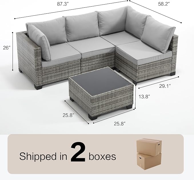 5-Piece Outdoor Patio Furniture Set, PE Rattan Weaving Sofa with Light Grey Cushions and Steel Frame, Coffe Table Included, Outdoor Conversation Set Grey