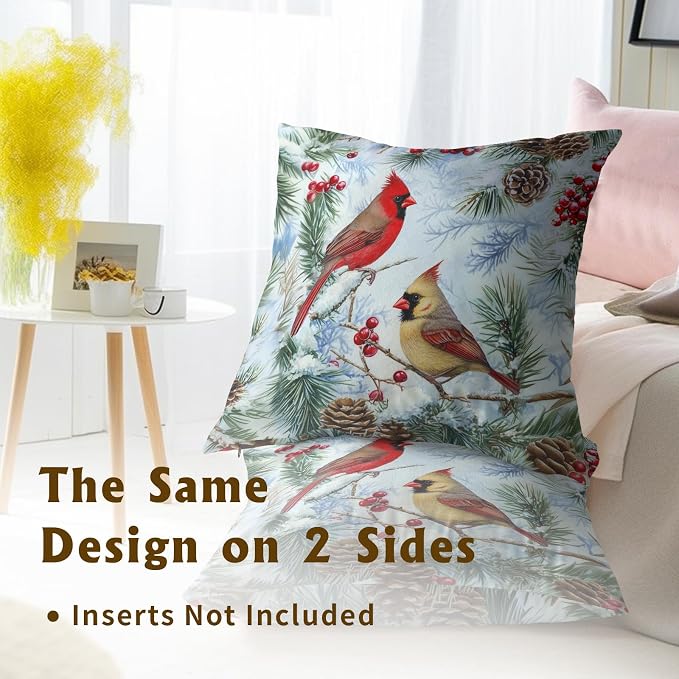 Winter Red Birds Pillow Covers 18x18 Set of 2, Vintage Holly Berry Bird Pine Tree Branch Christmas Throw Pillowcases Square Cushion Cover for Living Room Couch Sofa Decor