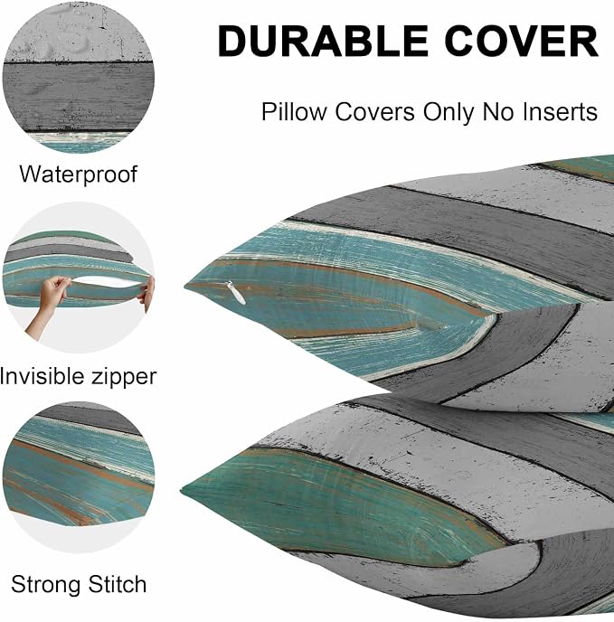 Outdoor Throw Pillow Covers 12X20 Set of 2 Waterproof Teal Green Gray Sea Decorative Zippered Cushion Covers for Patio Furniture, Farmhouse Retro Rustic Barn Wood Texture Lumbar Pillowcases