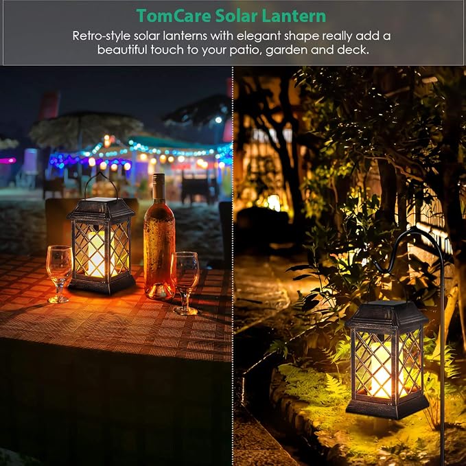TomCare Flickering Flame Solar Lights Outdoor Metal Hanging Lantern, 2 Pack | Realistic Flame Effect, Charges in 6-8 Hours, 10-12-Hour Runtime, IP65 Waterproof, Auto On/Off for Patio, Garden and Porch