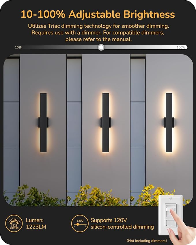EDISHINE 23.6" Modern Outdoor Wall Lights, 3CCT & 10%-100% Dimmable, IP65 Waterproof, LED Exterior Lighting Fixtures, Linear Outdoor Wall Sconce for Porch, Patio, 2 Pack, Black