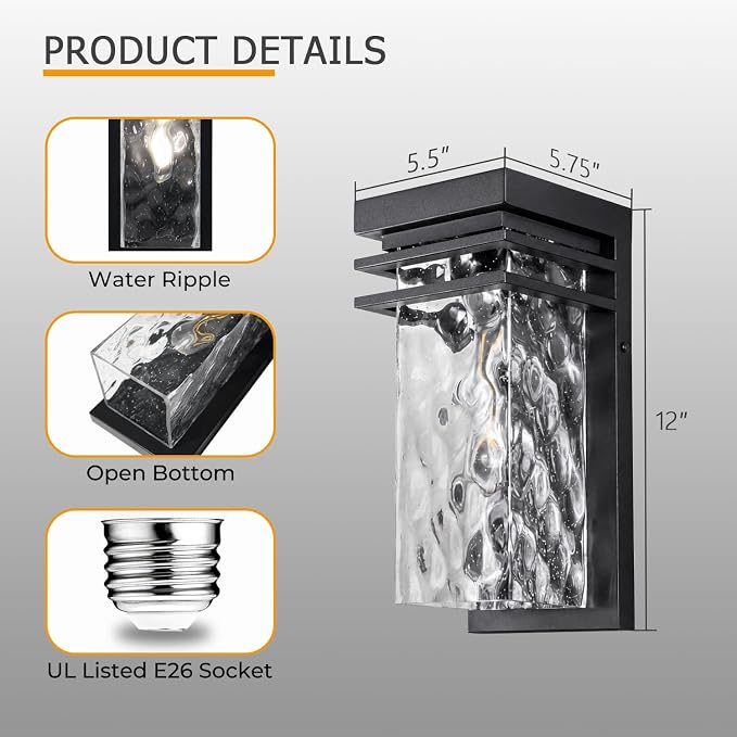Modern Outdoor Wall Light Exterior Sconce with Dusk to Dawn | Black,Water Seeded Glass,Open Bottom,Outside Porch Lighting Fixture,E26