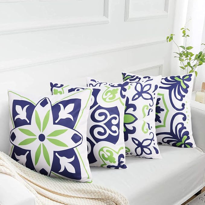 Pyonic Set of 4 Outdoor Pillow Covers 18x18 Waterproof Decorative Throw Pillow Covers Floral Printed Farmhouse Boho Pillowcase for Patio Funiture Garden Navy Blue