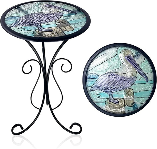 LIFFY Outdoor Side Table, 12" Glass Pelican Tabletop Patio Tables with Metal Frame, 21" Height Indoor Small Round Home Decorative Plant Stand Outside for Garden Patio Yard Porch