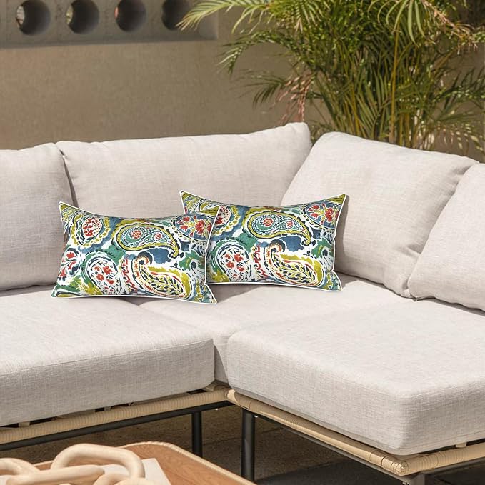 LVTXIII 2 Pack Outdoor Lumbar Pillows 12x20 Inch with White Piping, Fade Resistant Support Throw Pillows with Inserts for Patio Furniture, Sofa, Chair, Paradise Paisley