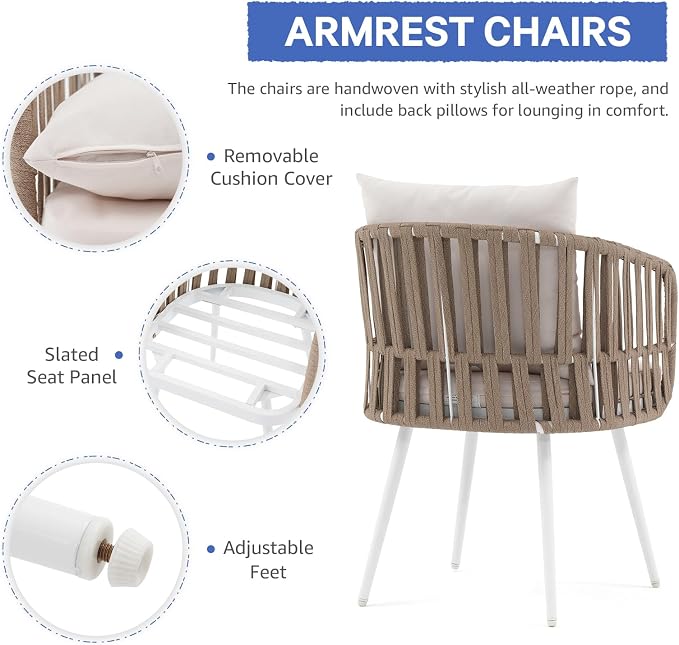 SUNSITT Patio Dining Chairs Set of 4, Outdoor Metal Dining Chairs with Woven Rope, All-Weather Patio Arm Chairs w/Cushions, Porch, Garden, White