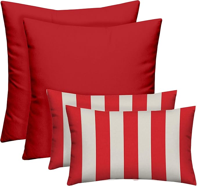 RSH DECOR Set of 4 Square and Lumbar Accent Pillows | Indoor/Outdoor All Weather Polyester Fabric | Reversible | 17"x 17"& 20" x 12" | Heritage Red + Red & White Stripe