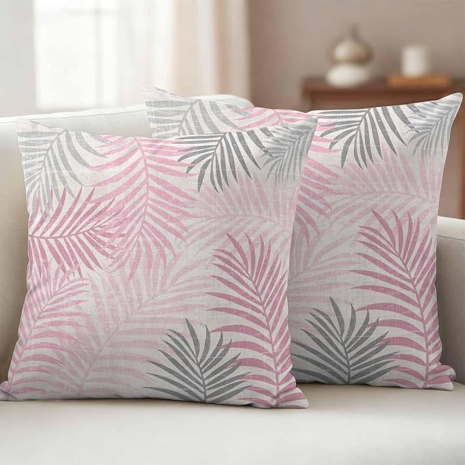Outdoor Waterproof Throw Pillow Covers, Pink Grey Palm Leaves Decorative Pillow Cases, Summer Botanical Tropical Leaf Couch Pillow Protector Patio Sofa Cushion Covers Replacement 24"x24" 2 Pack