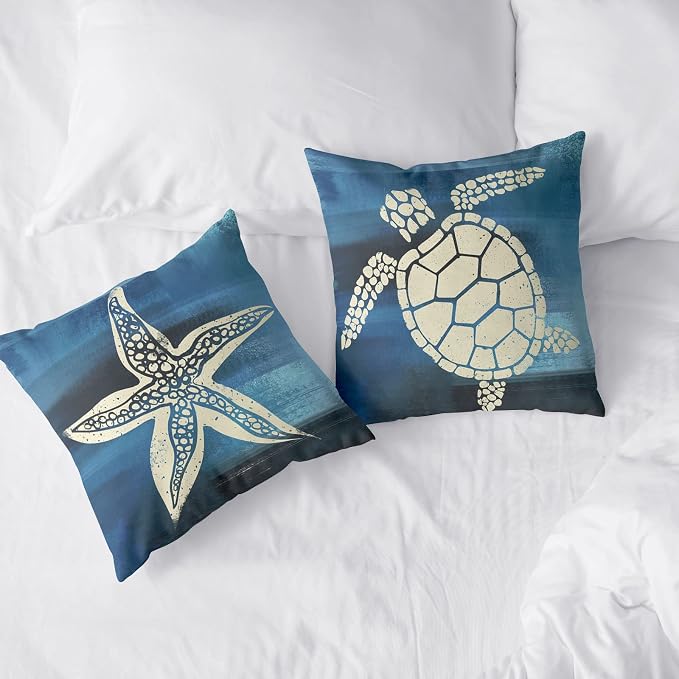 Marine Turtle Couch Pillow Covers 22x22 Pack of 2 Mediterranean Style Pillowcases Sea Animal Cushion Cases Navy Blue Throw Pillow Case for Patio Sofa Bed Decor