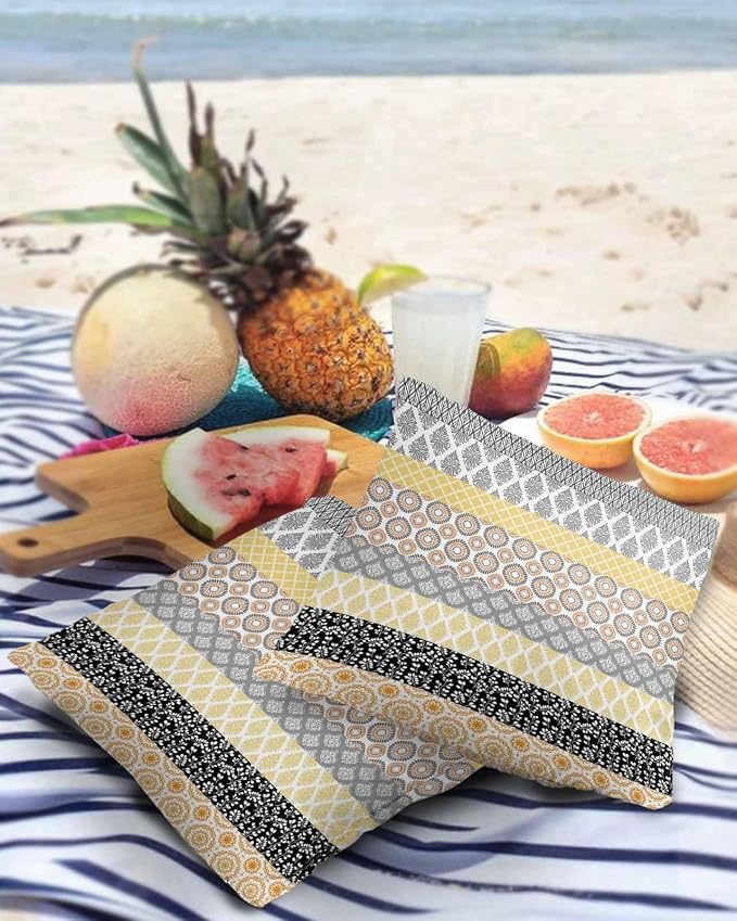 Outdoor Waterproof Throw Pillow Covers Set of 2 Yellow Boho Stripe Tribal Vingtage Lumbar Pillowcases 20x20 Inches Bohemian Style Decorative Pillows Cushion Case Patio Pillows for Couch Bed Garden