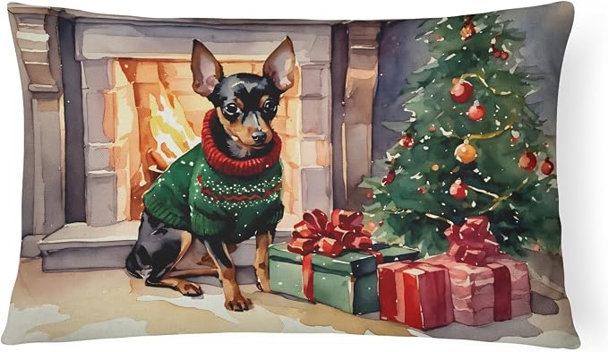 Caroline's Treasures DAC2705PW1216 Miniature Pinscher Cozy Christmas Throw Pillow Machine Washable, Indoor Outdoor Decorative Pillow for Couch, Bed or Patio, 12HX16W