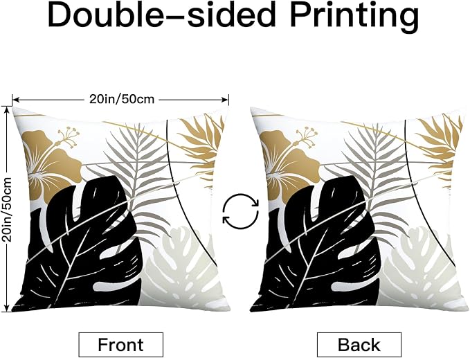 OTOSTAR Outdoor Waterproof Throw Pillow Covers 20x20 Inch Set of 2 Double-Sided Black Brown Grey Tropical Leaf and Flower Spring Summer Decorative Pillow Cases for Patio Funiture Garden Balcony Couch