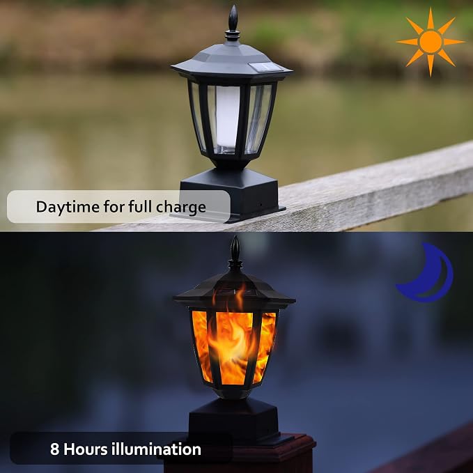 Dynaming Solar Flame Post Lights Outdoor, Solar Powered Lamps Fence Post Cap Lights, Flickering Flame LED Lantern Decorative Waterproof for Garden Deck Patio, Fit 4x4, 5x5 or 6x6 Wooden Posts, 6 Pack