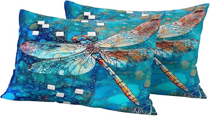 Blue Dragonfly Outdoor Pillow Covers Set of 2 Country Vintage Watercolor Dragonfly Wings Waterproof Throw Pillow Cover Decorative Cushion Cases for Patio Porch Garden 20X12 Inch