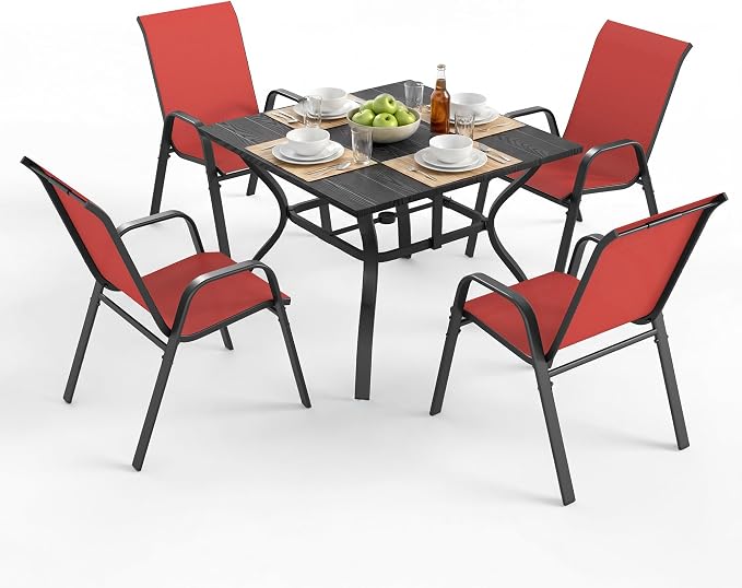 Outdoor Patio Dining Set for 4, 5 Pieces Patio Table and Chairs Set with Umbrella Hole, 37.8"x 37.8" Square Metal Wood-Grain Dining Table Set with 4 Stackable Patio Chairs for Deck , Backyard, Porch