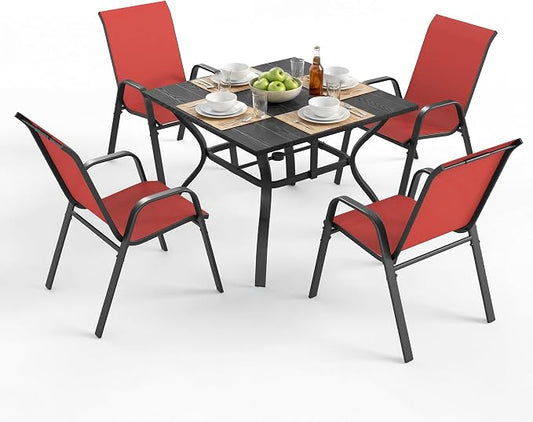 Outdoor Patio Dining Set for 4, 5 Pieces Patio Table and Chairs Set with Umbrella Hole, 37.8"x 37.8" Square Metal Wood-Grain Dining Table Set with 4 Stackable Patio Chairs for Deck , Backyard, Porch
