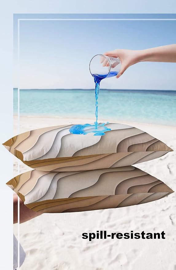 Outdoor Waterproof Pillow Covers for Patio Furniture Brown Modern Geometric Decorative Throw Pillow Cover Abstract Beach Wave Pillowcases Set of 2 Cushion Case for Sofa Couch 20 x 12 Inches